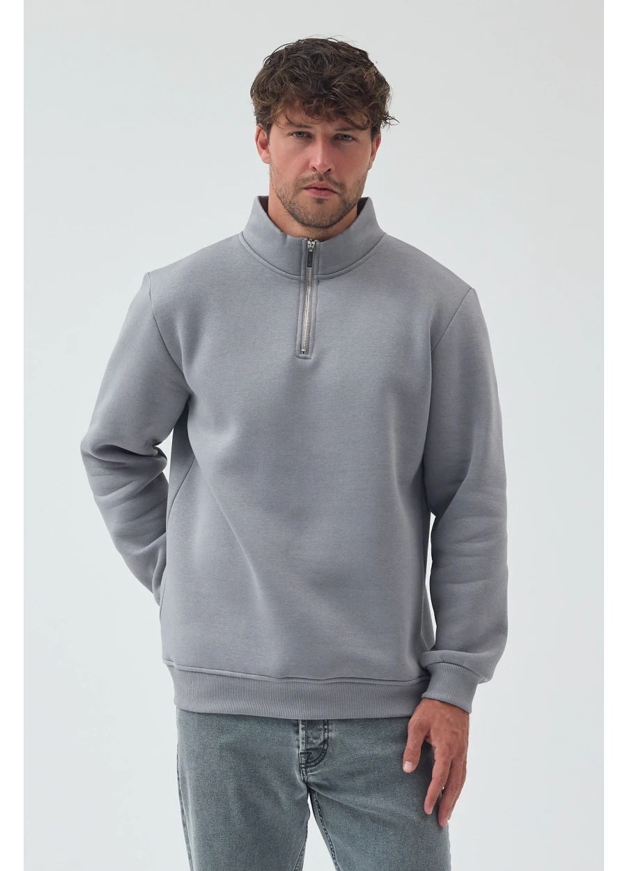 Yarım Fermuarlı Sweatshirt - Gri