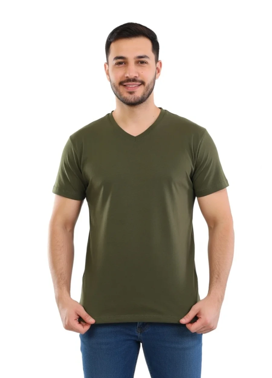 V Yaka Tişört - Haki Yeşil