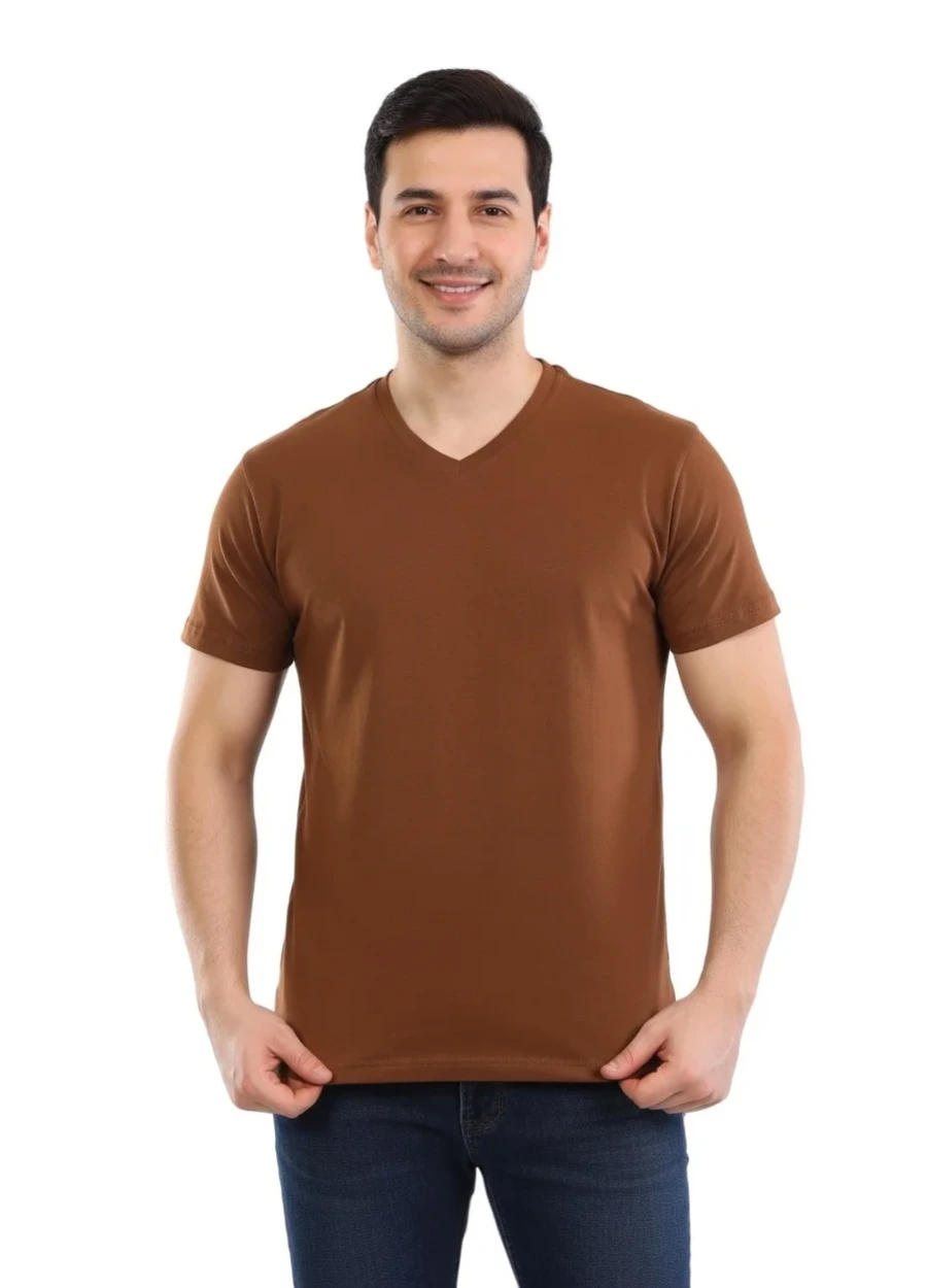 V Yaka Tişört - Kahverengi