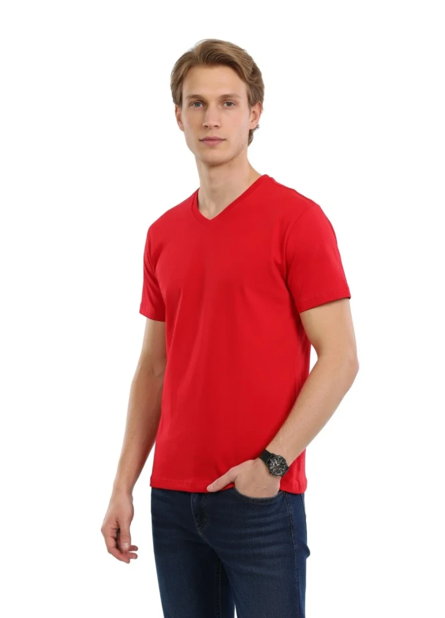 V Yaka Tişört - Kırmızı