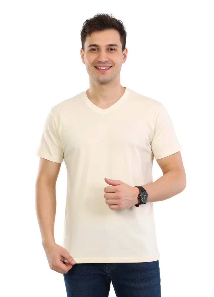 V Yaka Tişört - Krem