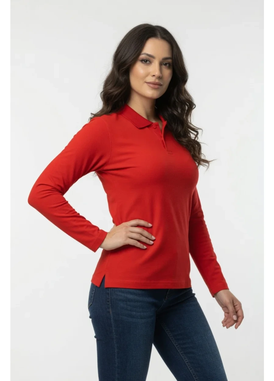 Uzun Kol Mevsimlik Penye Polo Yaka Tişört - Kırmızı