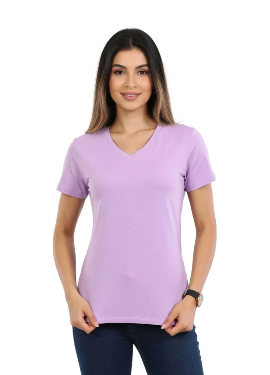V Yaka Tişört - Lila