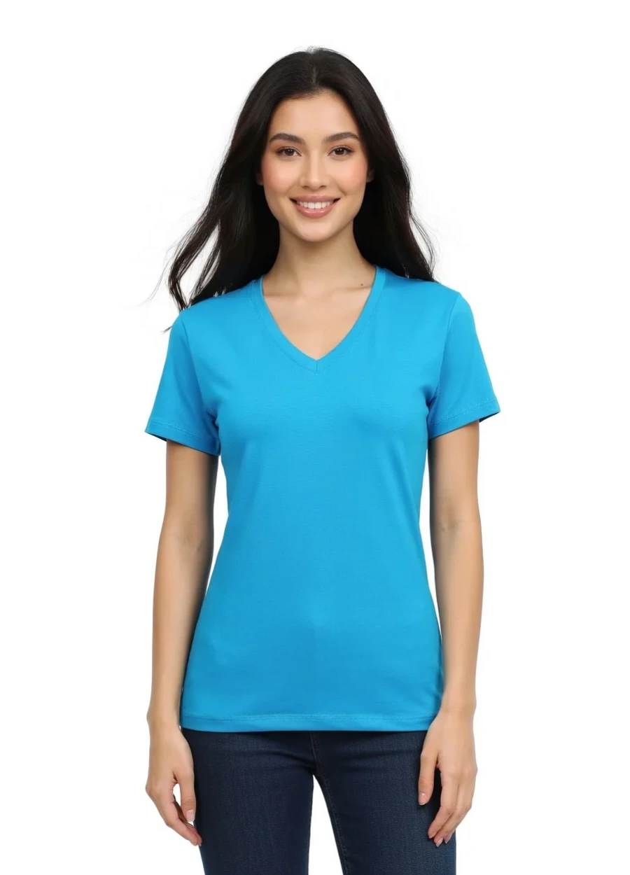 V Yaka Tişört - Mavi