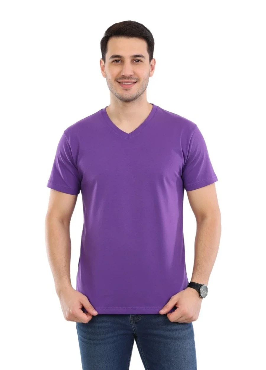 V Yaka Tişört - Mor
