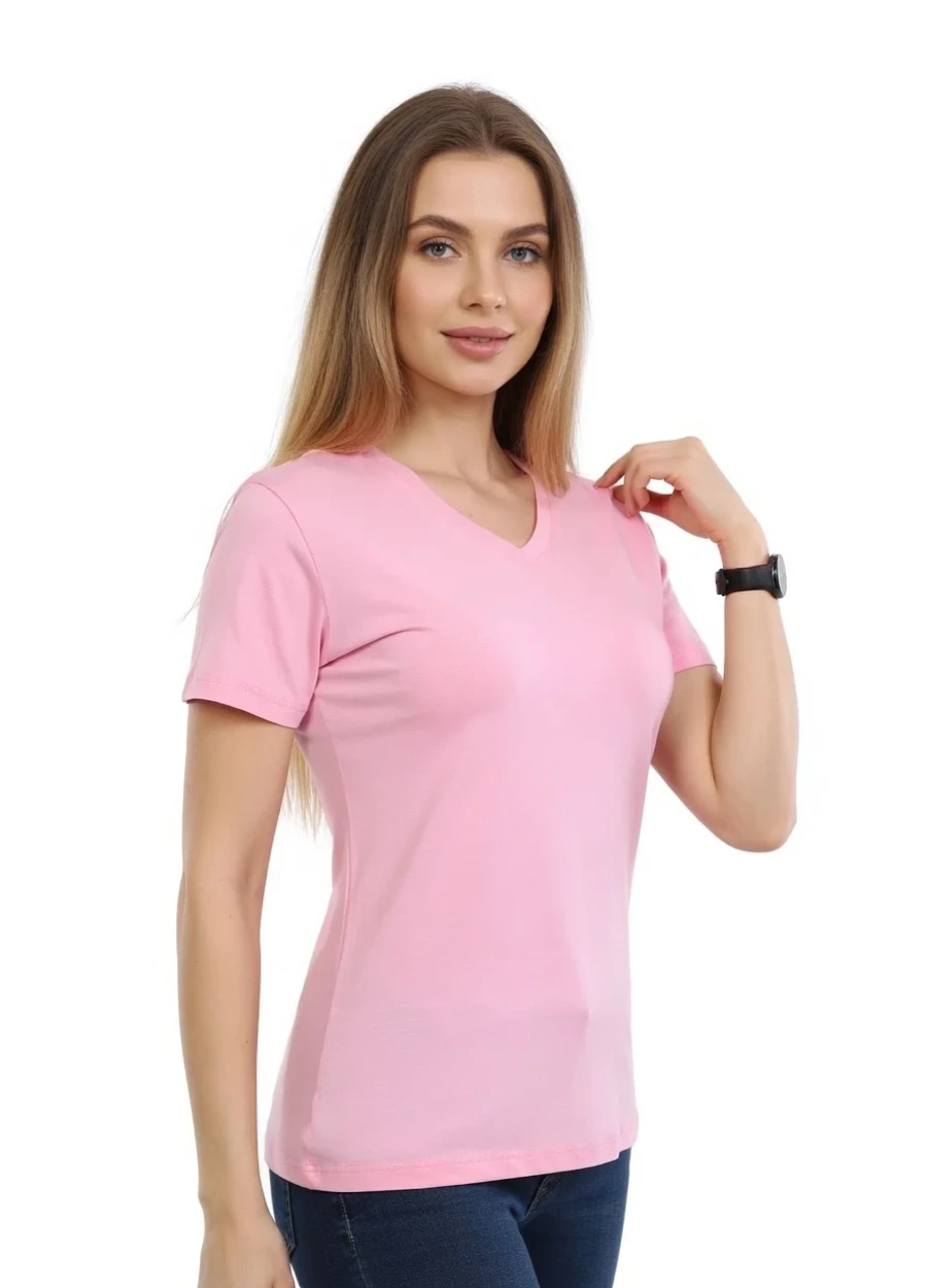 V Yaka Tişört - Pembe