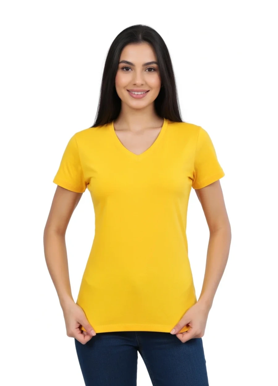 V Yaka Tişört - Sarı
