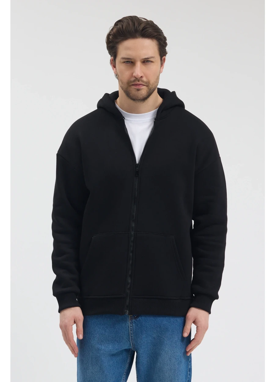 Tam Fermuarlı Sweatshirt - Siyah