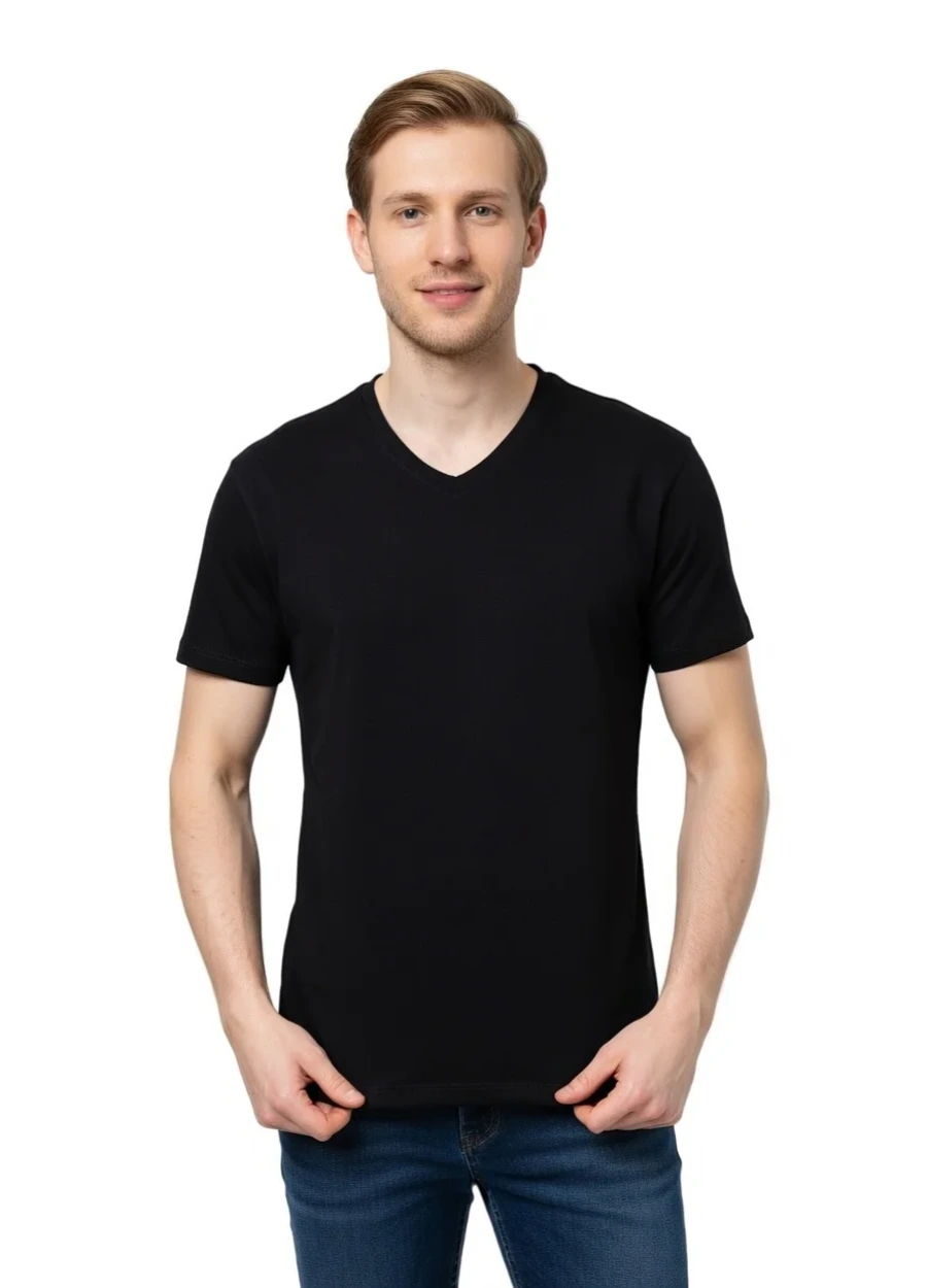 V Yaka Tişört - Siyah