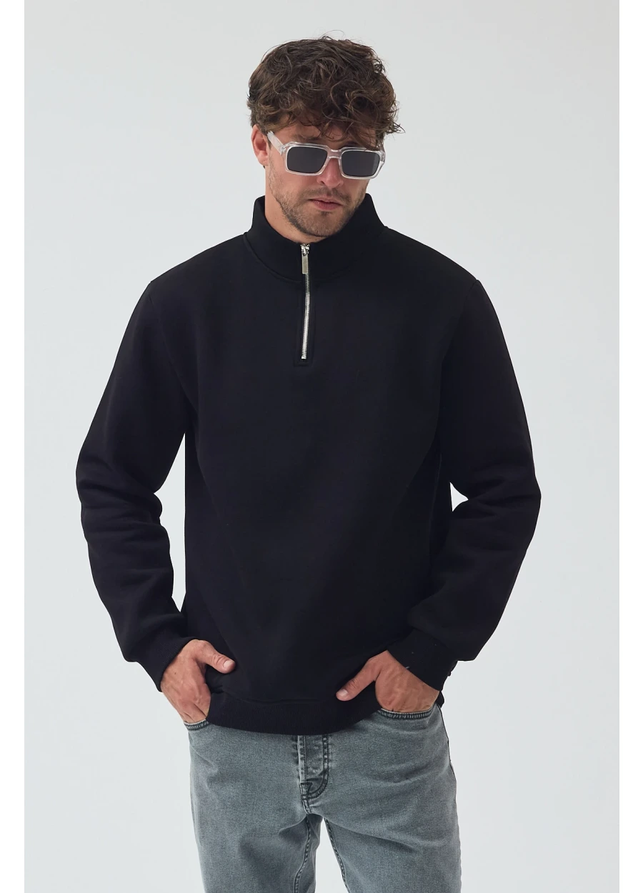 Yarım Fermuarlı Sweatshirt - Siyah