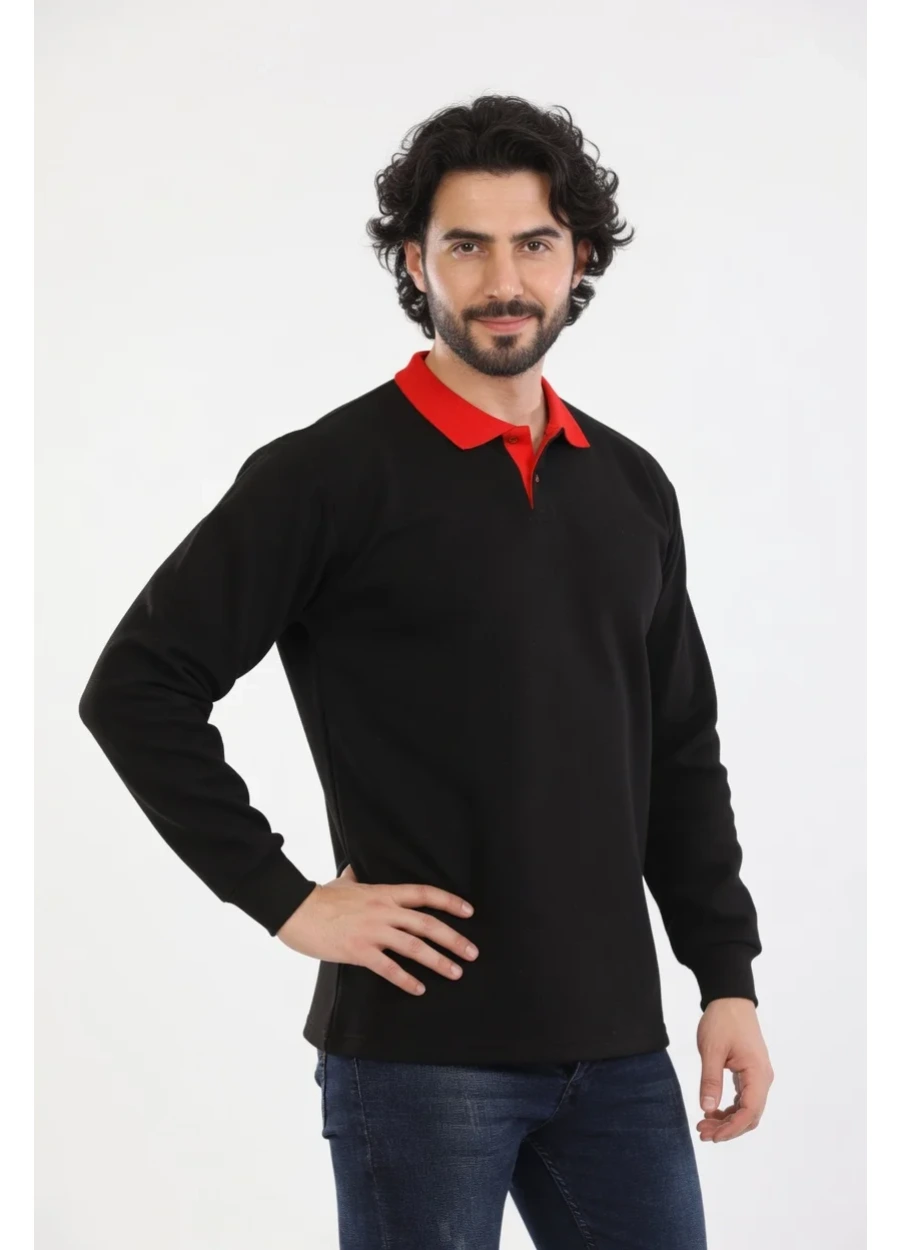 3 İplik Modelli Polo Yaka Sweat - Siyah - Kırmızı