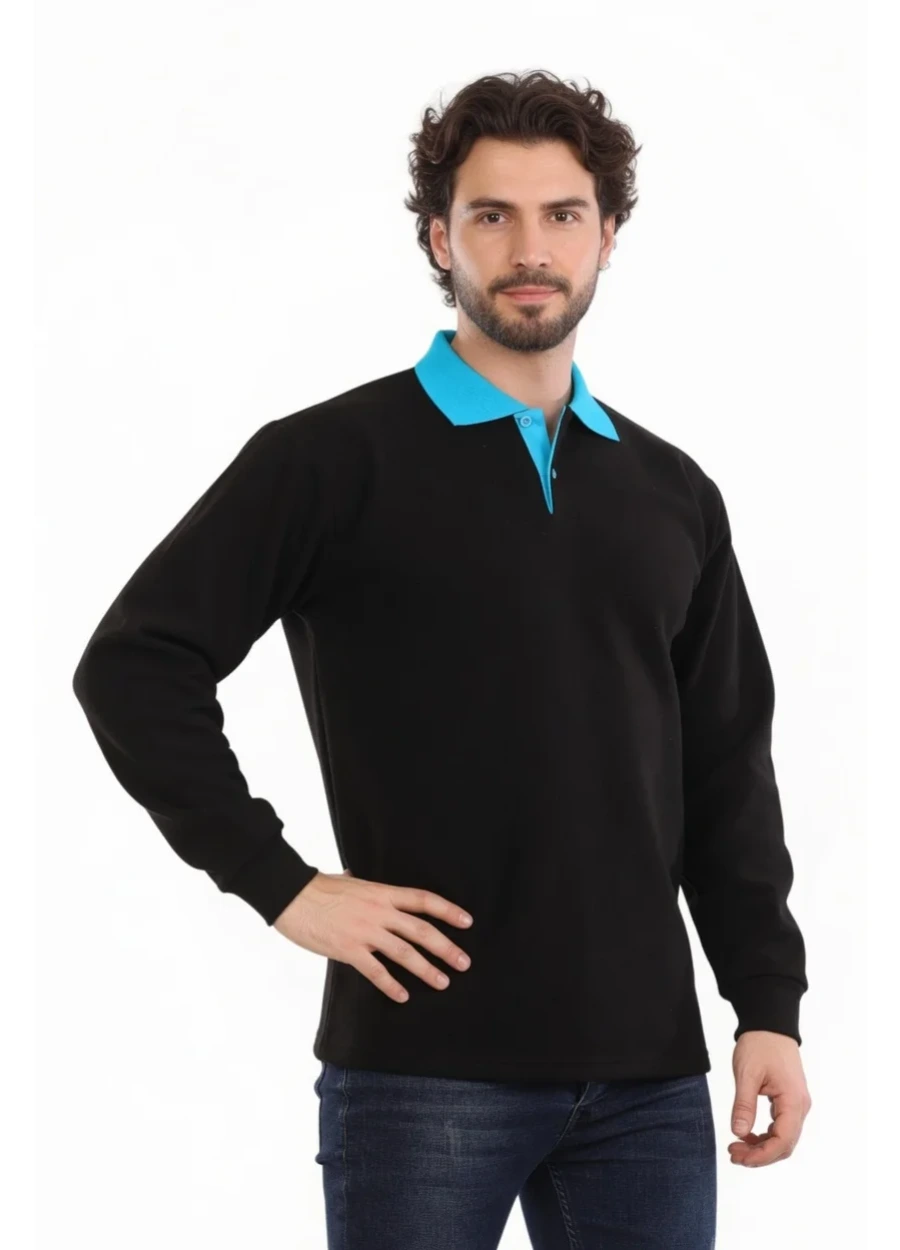 3 İplik Modelli Polo Yaka Sweat - Siyah - Turkuaz