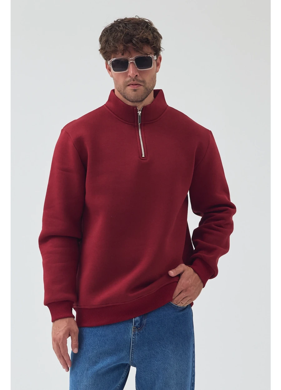 Yarım Fermuarlı Sweatshirt - Bordo