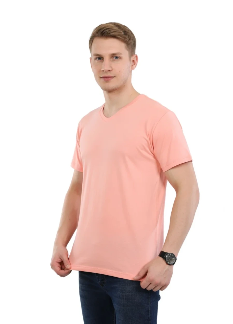 V Yaka Tişört - Yavruağzı